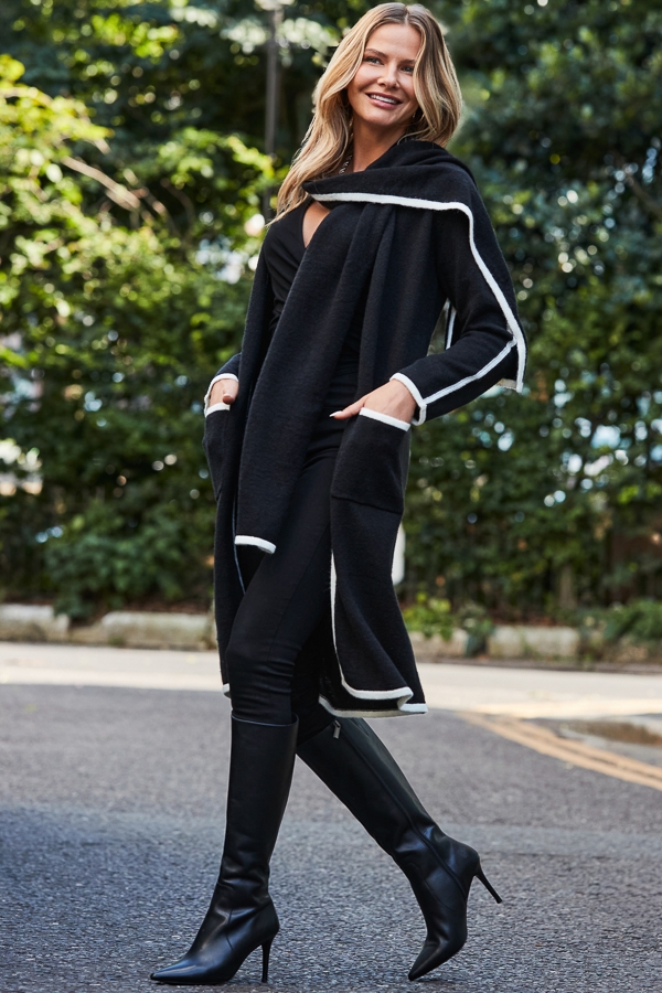 Black Contrast Trim Cardigan With Scarf