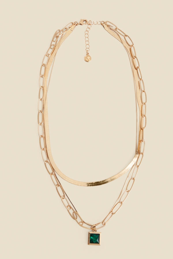 Gold Triple Layer Green Stone Necklace