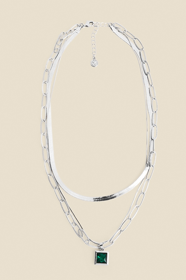 Silver Triple Layer Green Stone Necklace