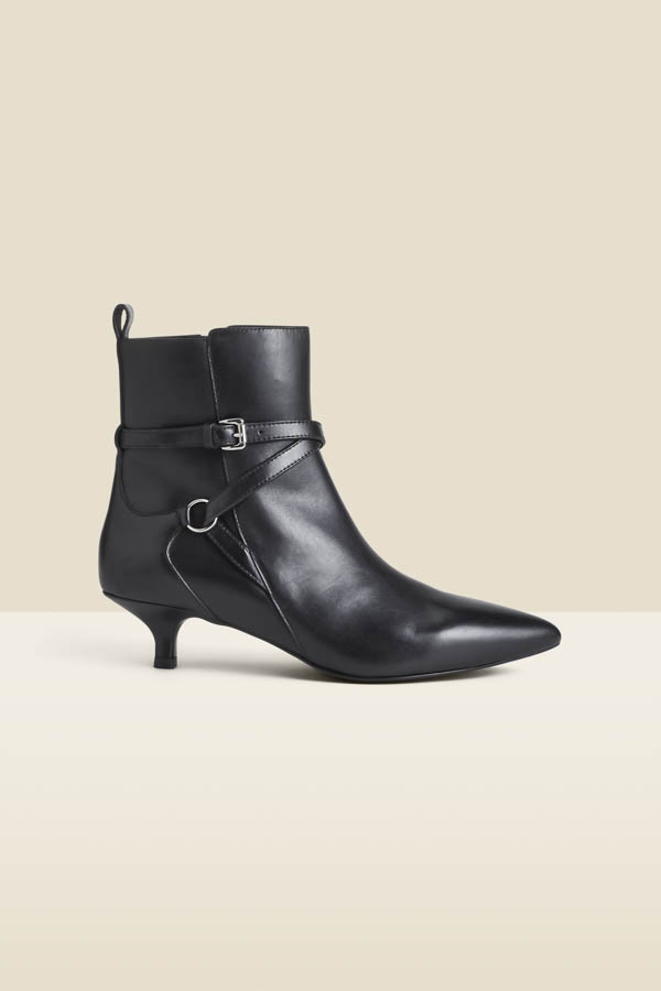 Black Leather Kitten Heel Ankle Boots With Buckle Detail