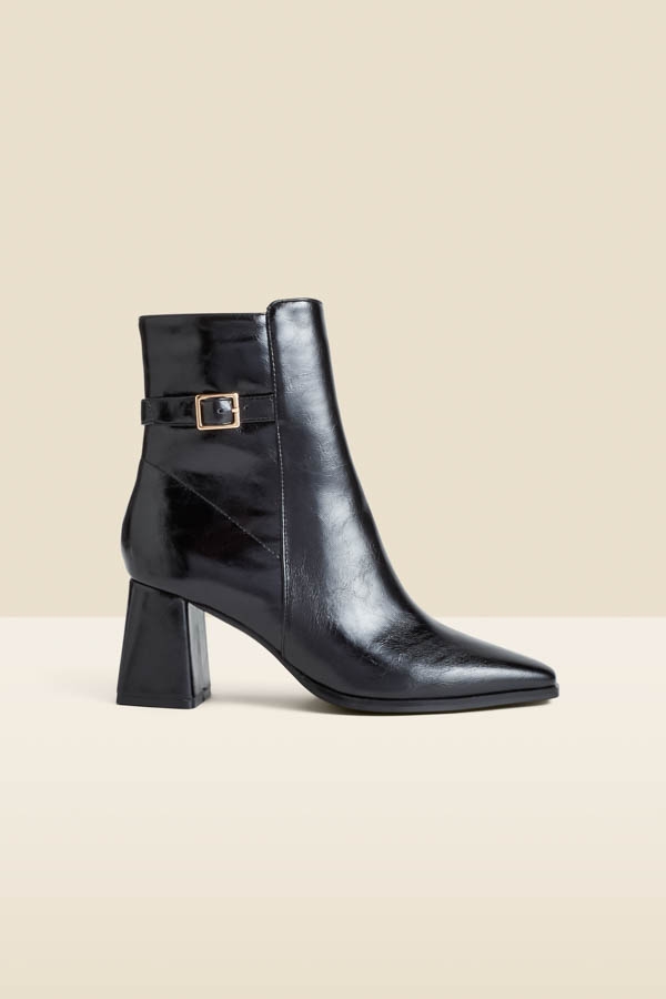 Black Block Heel Ankle Boots With Buckle Trim