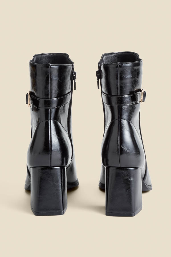 Black Block Heel Ankle Boots With Buckle Trim