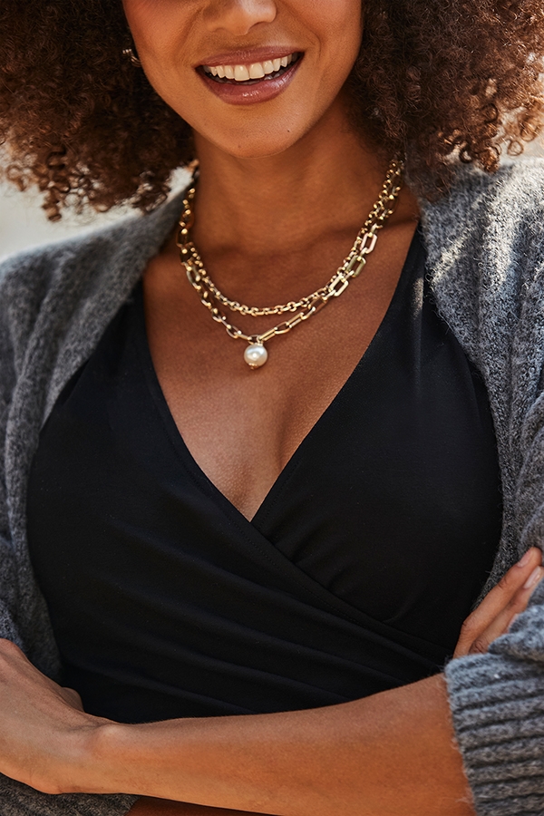 Gold Pearl Drop Double Layer Necklace