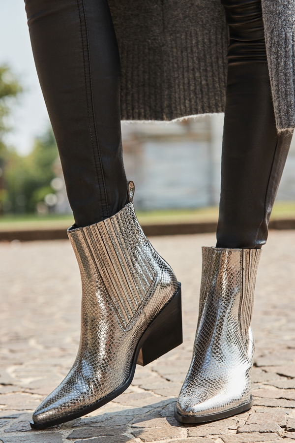 Silver Leather Western Stack Heel Boots