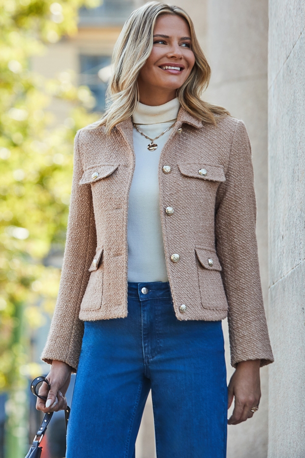 Camel Boucle Jacket With Gold Buttons