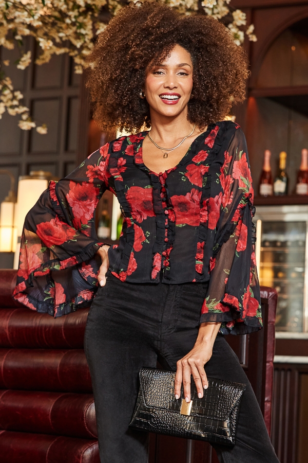 Black & Red Rose Print Flared Sleeve Blouse