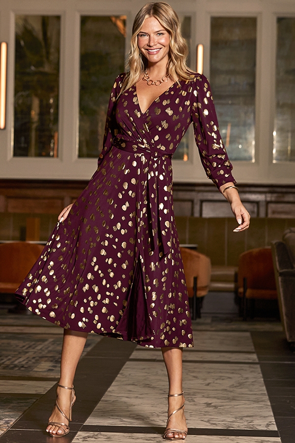 Burgundy Gold Metallic Spot Print Wrap Dress