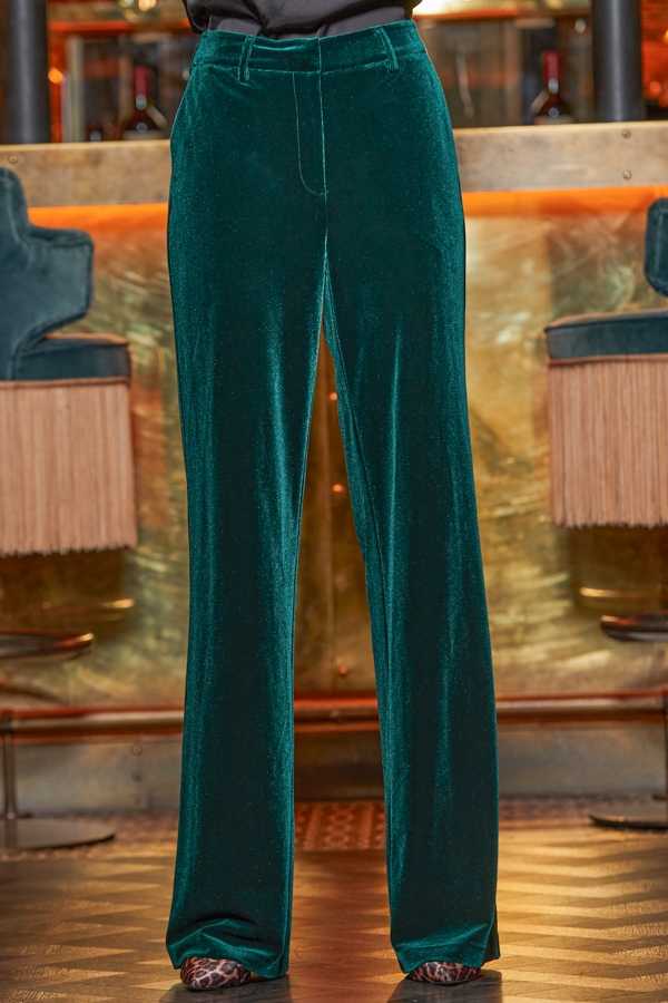 Emerald Green Luxe Velvet Wide Leg Trousers