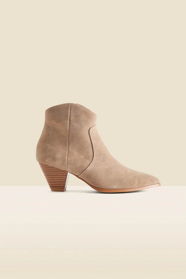 Taupe Suede Western Stack Heel Ankle Boots