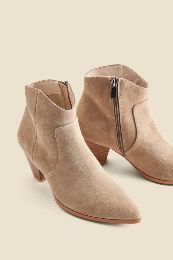 Taupe Suede Western Stack Heel Ankle Boots