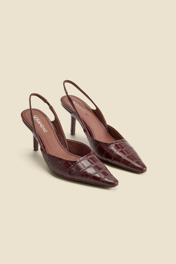 Dark Brown Croc Leather Slingback Heels