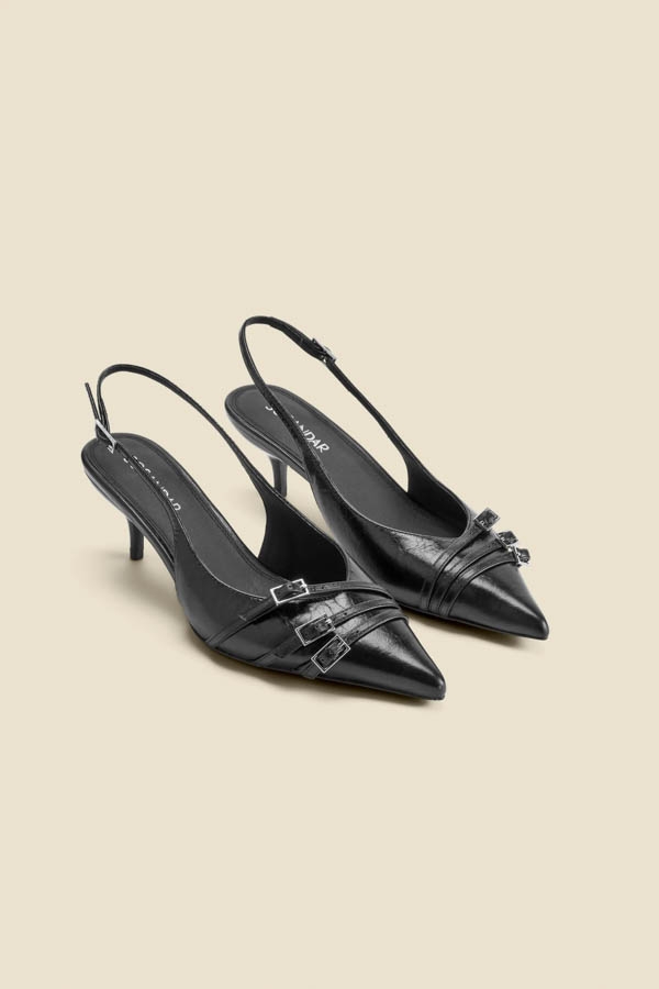 Black Leather Buckle Detail Kitten Heel Slingbacks