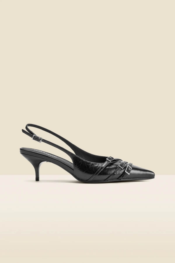 Black Leather Buckle Detail Kitten Heel Slingbacks