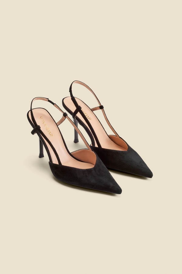 Black Flared Heel Slingback Court Shoes