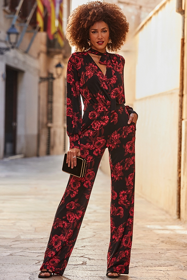 Black & Pink Floral Print Tie Neck Jumpsuit
