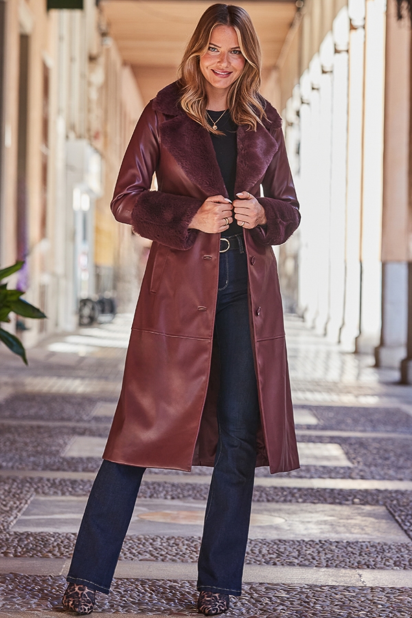 Burgundy Faux Leather Trench Coat With Faux Fur Trim