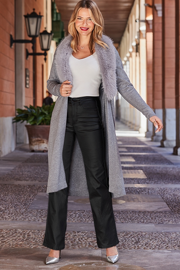 Light Grey Faux Fur Collar Longline Cardigan