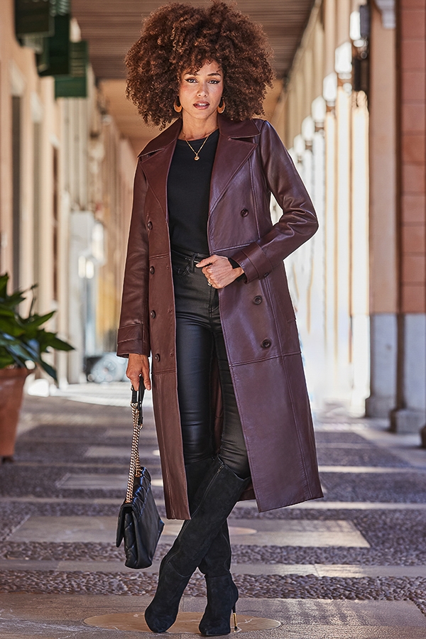 Dark Cherry Premium Leather Trench Coat