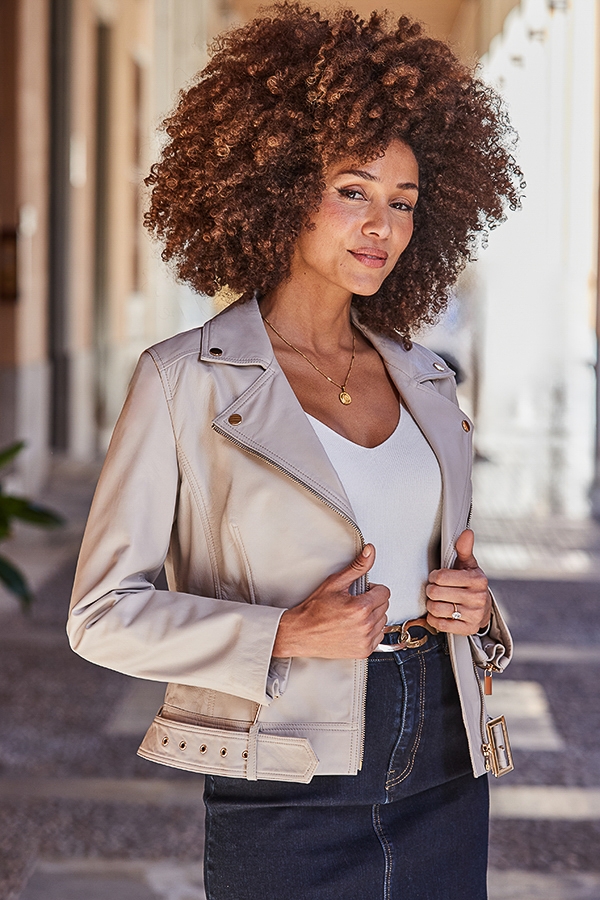 Ecru Leather Relaxed Biker Jacket