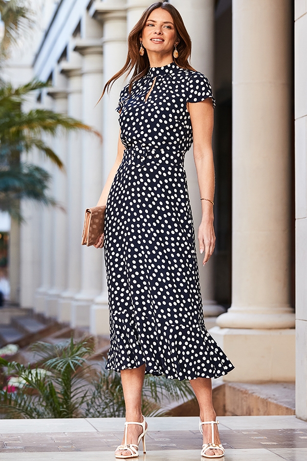 Navy Blue & White Spot Print Fit & Flare Dress