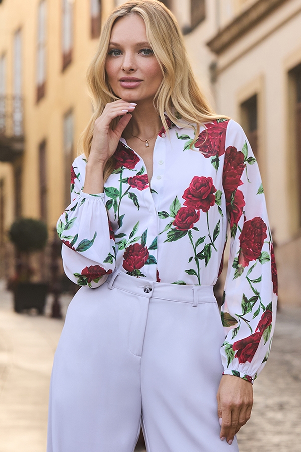 Ivory & Red Romantic Floral Print Shirt