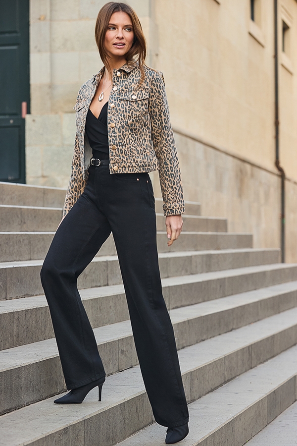 Black Wide Leg Jeans With Rose Gold Button Detail