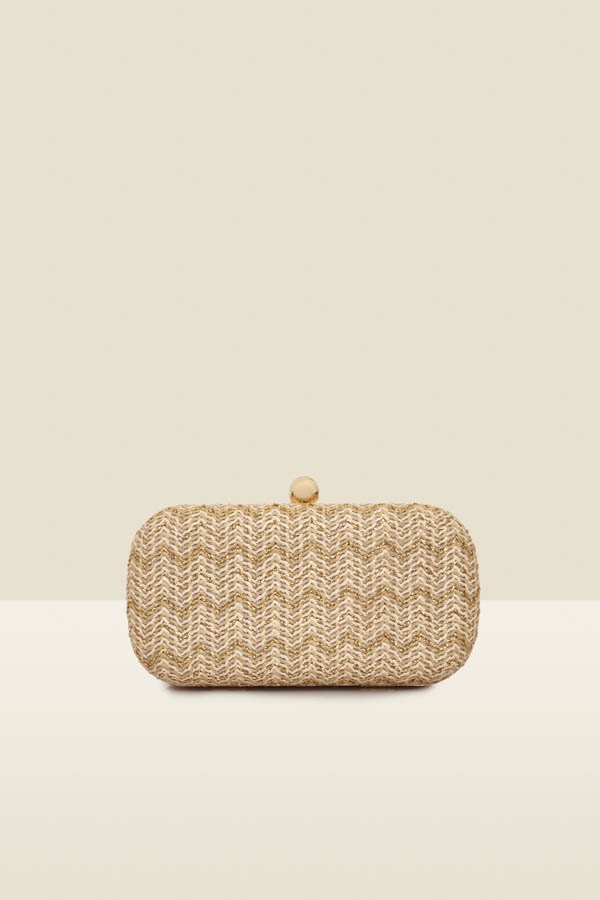 Natural Chevron Clutch Bag With Metallic Detail