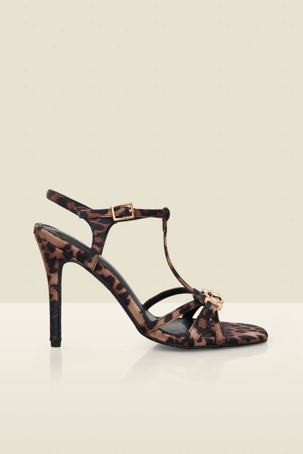 Leopard Print Strappy Sandal With Gold Buckle Trim