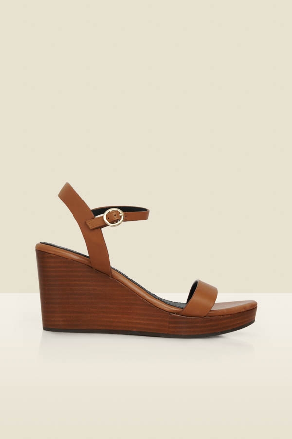 Tan Leather Sandals With Wooden Wedge Heel