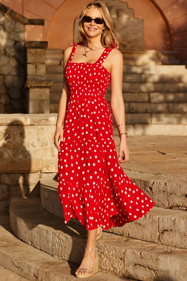 Petite Red & White Spot Print Tie Shoulder Midi Dress