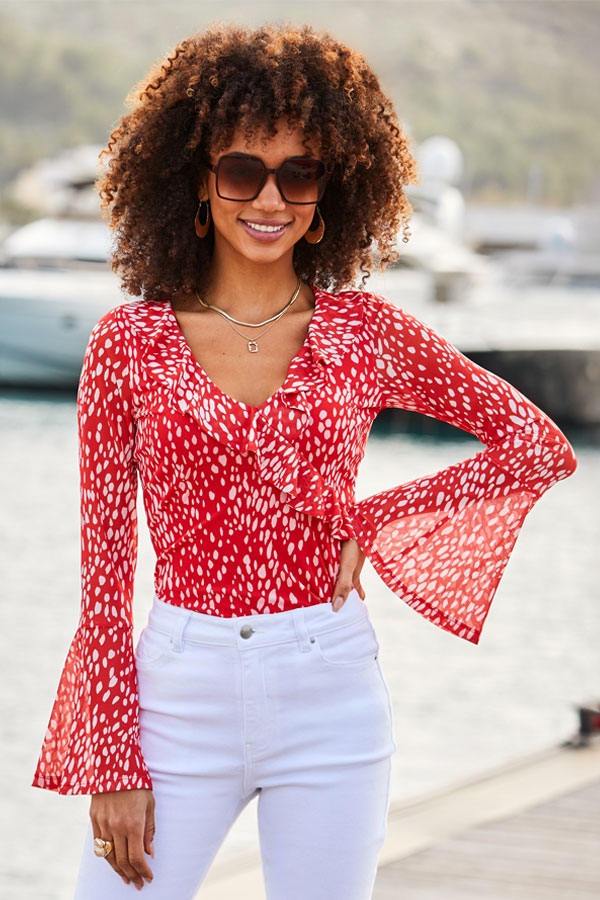Summer Red & White Spot Print Wrap Top