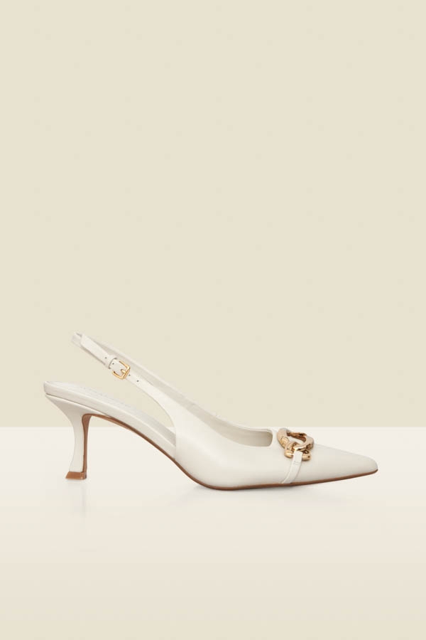 Ecru Leather Chain Detail Slingback Court Shoes