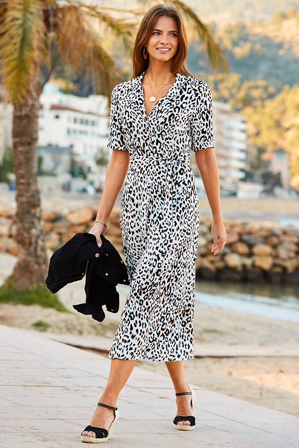 White & Black Animal Print Tie Waist Shirt Dress