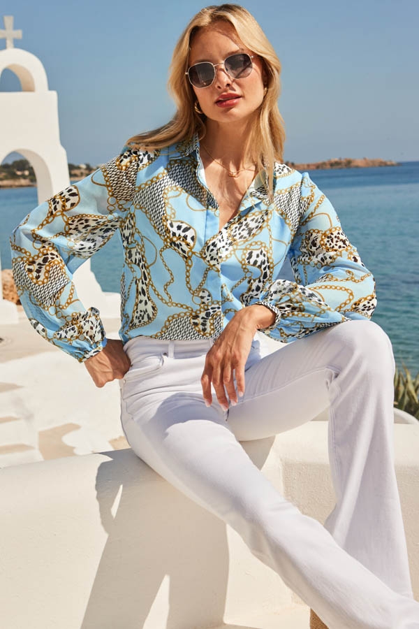 Blue WOW Print Blouson Sleeve Shirt