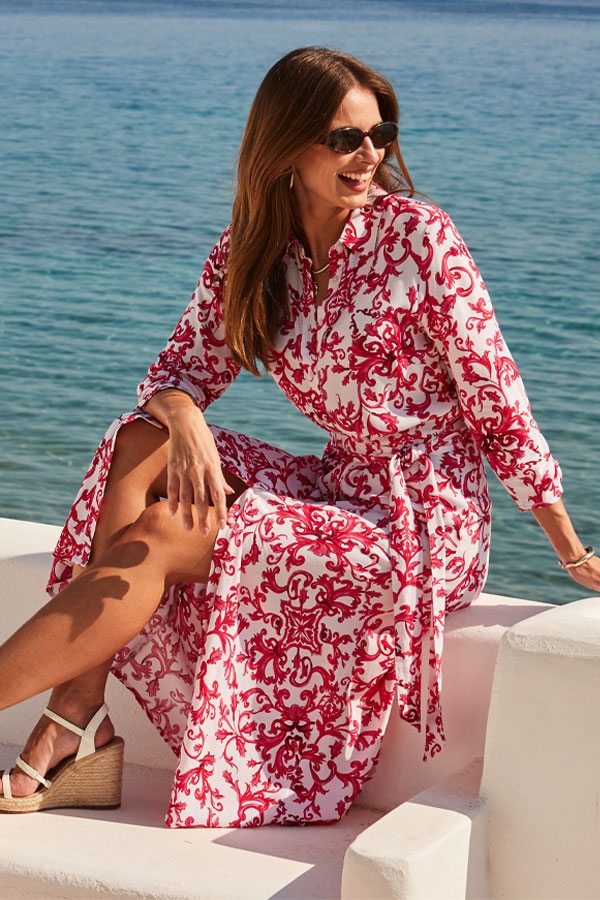 Hot Pink Baroque Print Shirt Dress