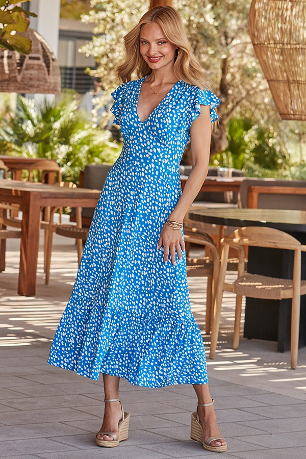 Oceana Blue Fleck Print Maxi Dress