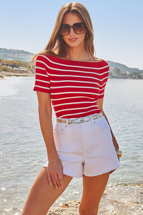 Red & White Striped Boat Neck Top