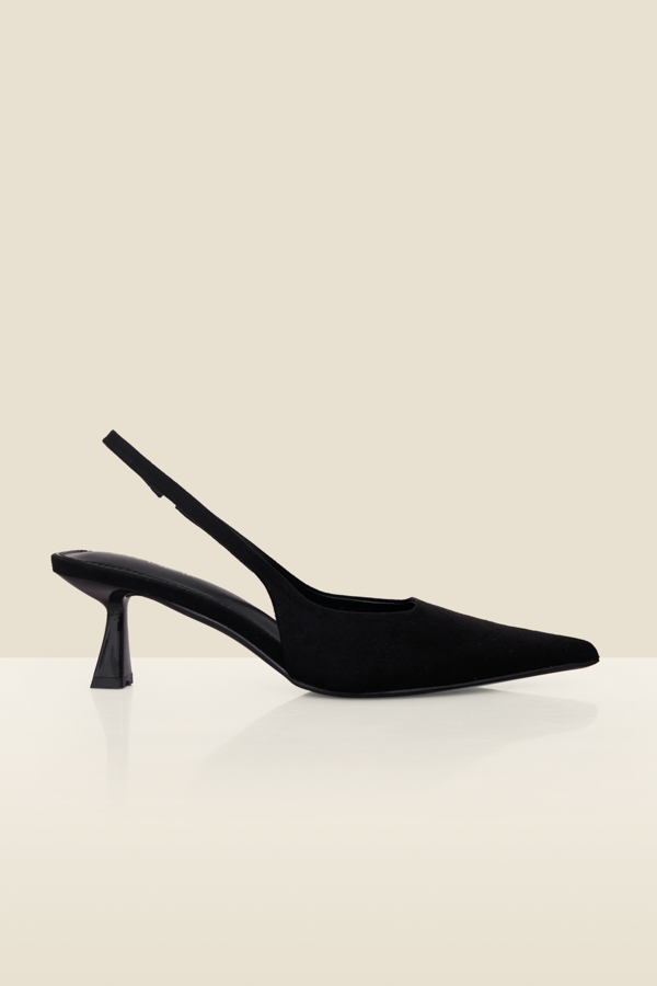 Black Faux Suede Kitten Heel Slingback Court Shoes