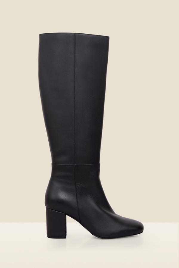 Black Leather Mid Heel Knee High Boots