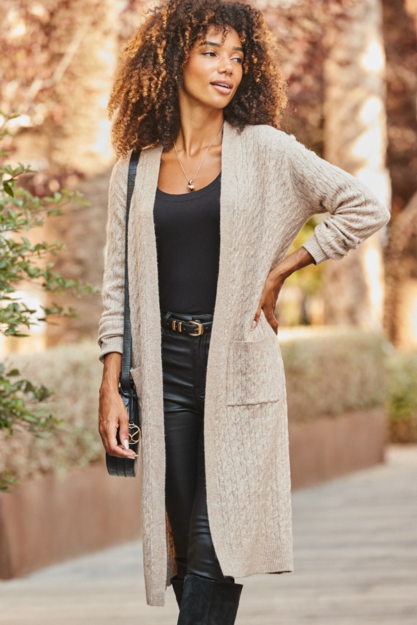 Camel Super Cosy Cable Knit Longline Cardigan