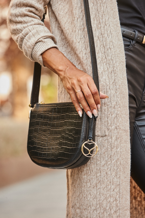 Black Leather Croc Saddle Bag