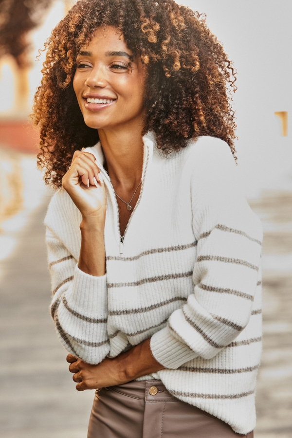 Ivory & Taupe Stripe Quarter Zip Jumper