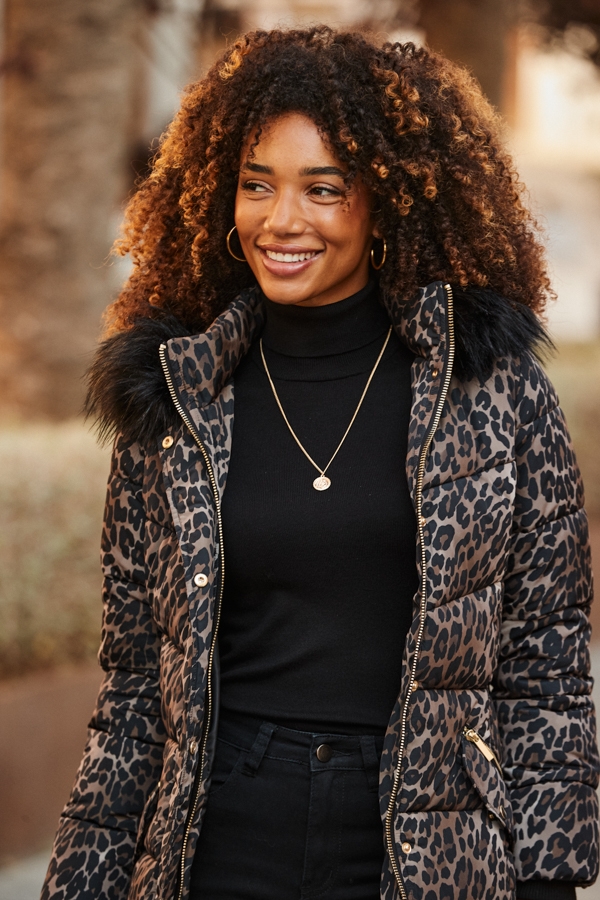 Leopard Print Faux Fur Trim Padded Coat