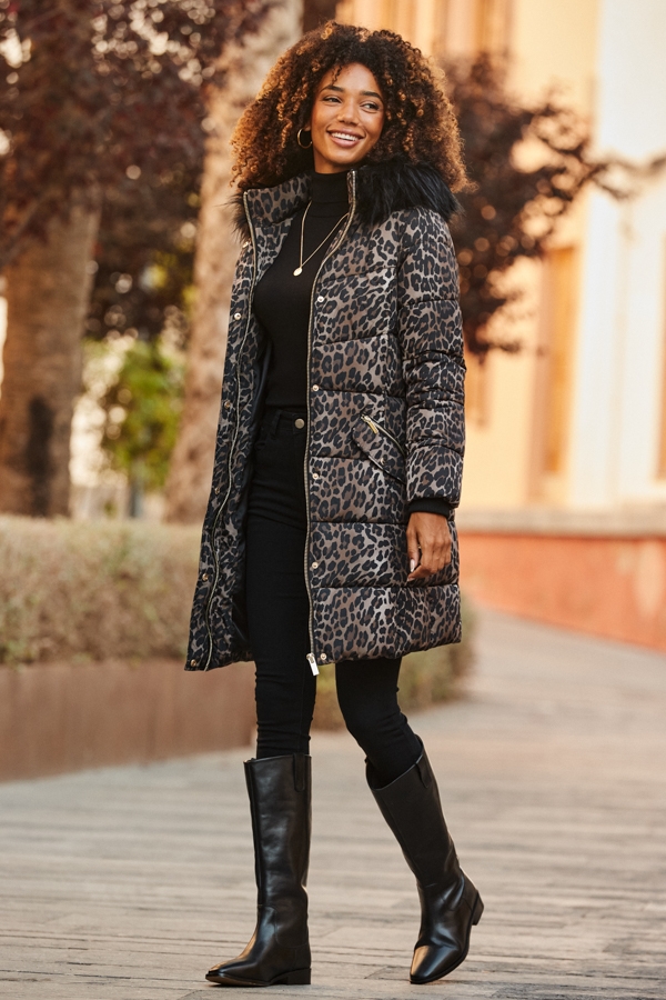 Leopard Print Faux Fur Trim Padded Coat