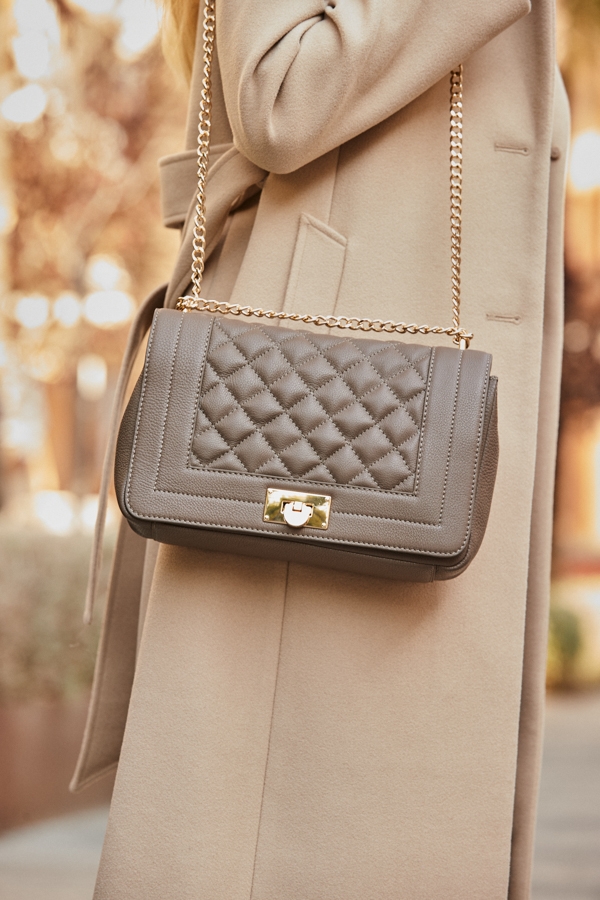 Taupe Leather Quilted Shoulder Bag