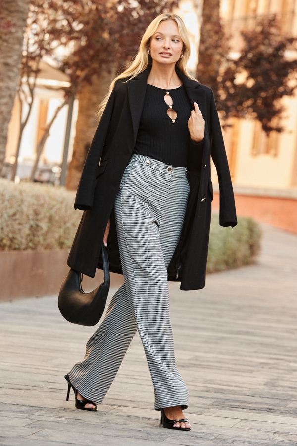 Black & White Houndstooth Print Wide Leg Trousers