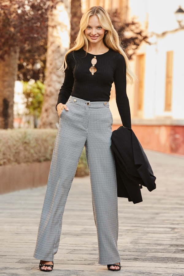 Black White Houndstooth Print Wide Leg Trousers