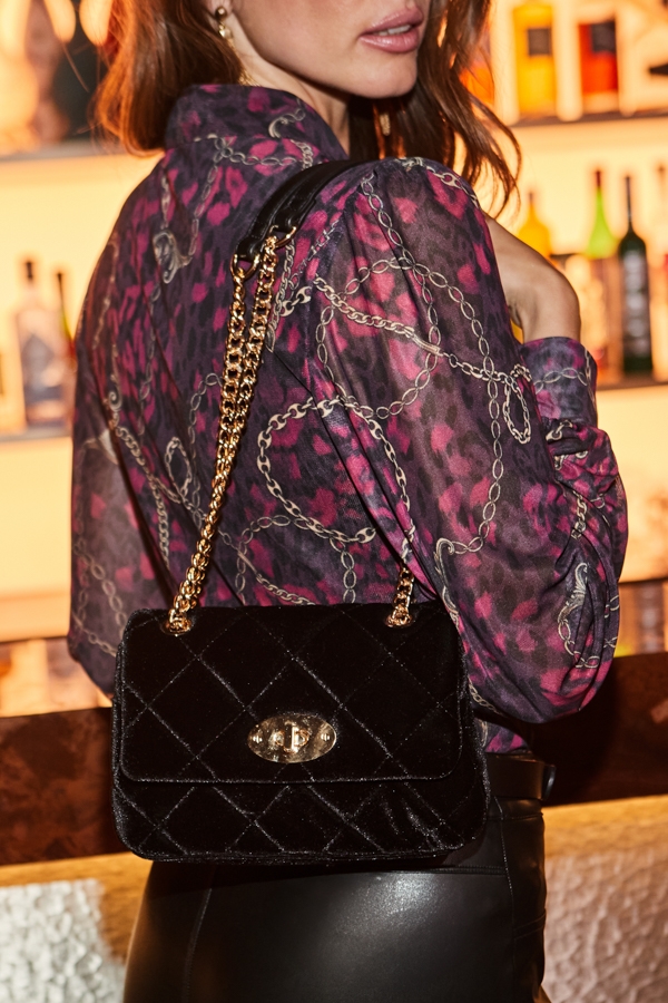 Black Velvet Quilted Clasp Detail Cross Body Bag
