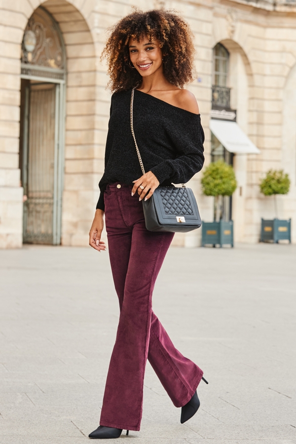 Burgundy Velvet Kick Flare Jeans