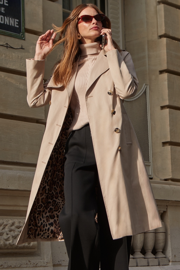 Ecru Leopard Print Lined Trench Coat